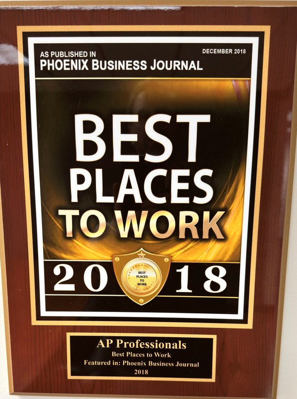 2018 Phoenix Business Journal Best Places to Work plaque awarded to AP Professionals