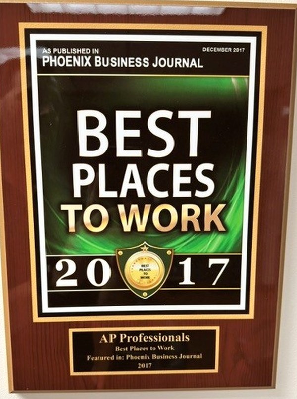 2017 Phoenix Business Journal Best Places to Work plaque awarded to AP Professionals