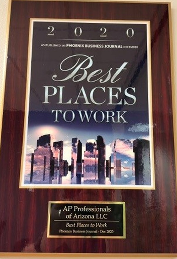 2020 Phoenix Business Journal Best Places to Work plaque awarded to AP Professionals