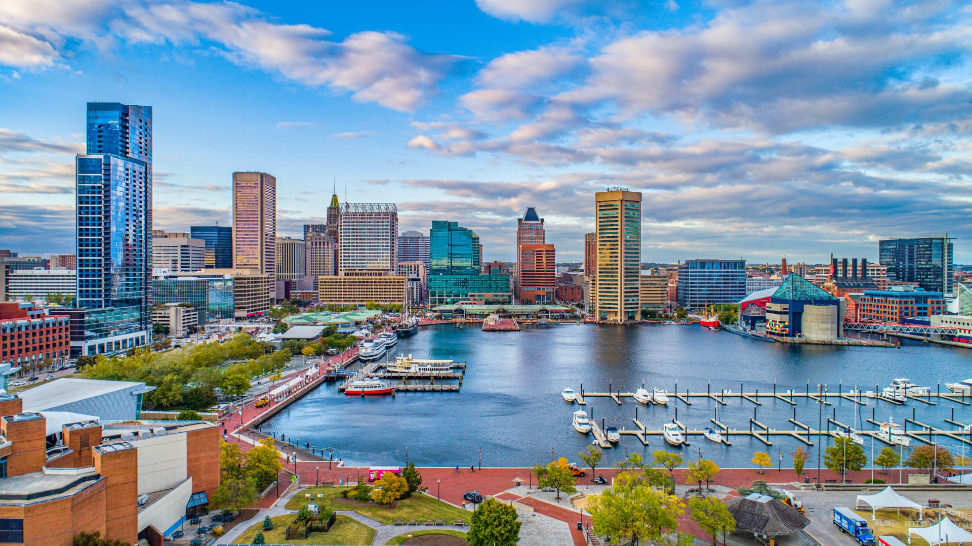 Baltimore Inner Harbor and marina on a sunny day