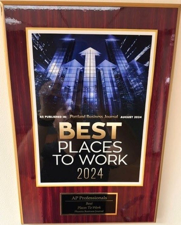 2024 Portland Business Journal Best Places to Work plaque awarded to AP Professionals