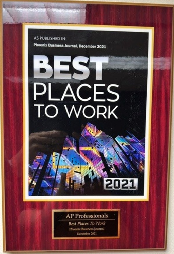 2021 Phoenix Business Journal Best Places to Work plaque awarded to AP Professionals