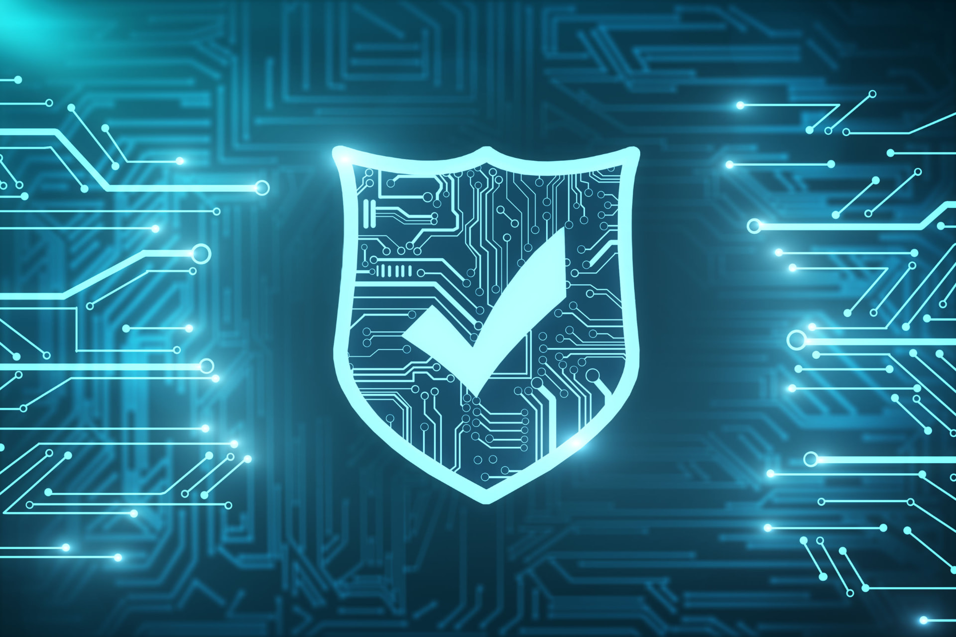 Shield with a checkmark over digital circuitry, representing secure systems