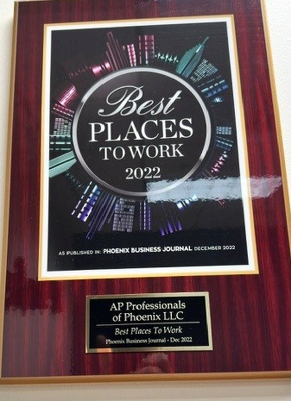 2022 Phoenix Business Journal Best Places to Work plaque awarded to AP Professionals