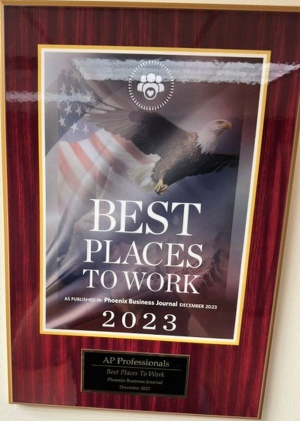 2023 Phoenix Business Journal Best Places to Work plaque awarded to AP Professionals