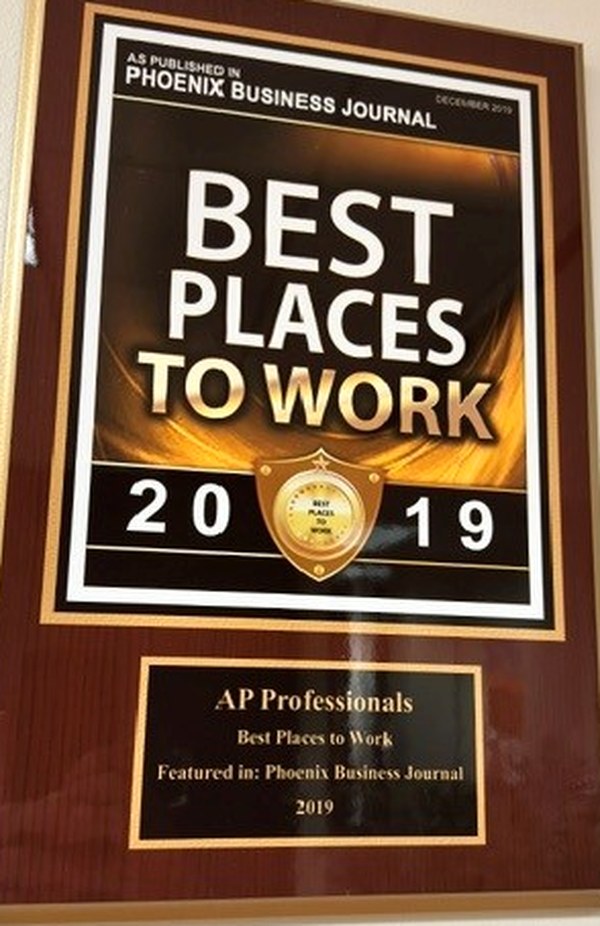 2019 Phoenix Business Journal Best Places to Work plaque awarded to AP Professionals