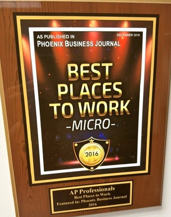 2016 Phoenix Business Journal Best Places to Work plaque awarded to AP Professionals